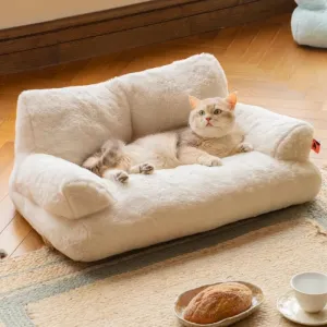 Cat Bed | Fluffy & Soft Cat Sofa | 66x48cm | Cute Cat Bed with Non-Slip Bottom | White | Perfect for Large Cats & Kittens