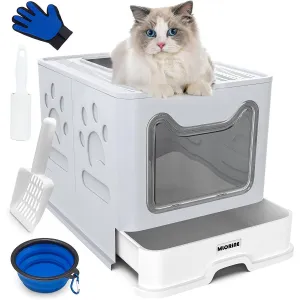 Cat Litter Box Large Pan - Foldable Top Exit Pet Boxes with Entry Lid, Plastic Cleaning Scoop,Cat Nail Clippers,Portable Cats Bowl (Grey)