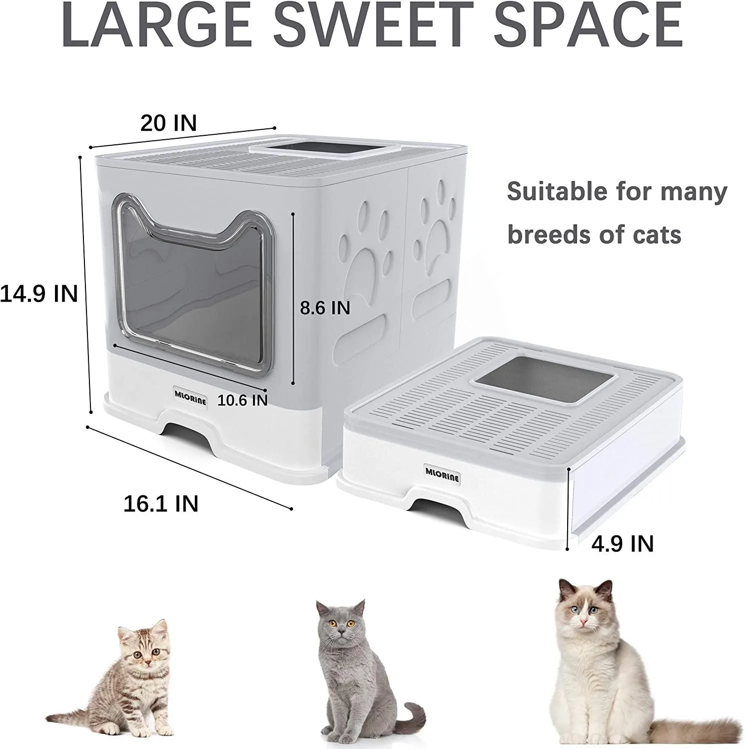 Cat Litter Box Large Pan - Foldable Top Exit Pet Boxes with Entry Lid, Plastic Cleaning Scoop,Cat Nail Clippers,Portable Cats Bowl (Grey)