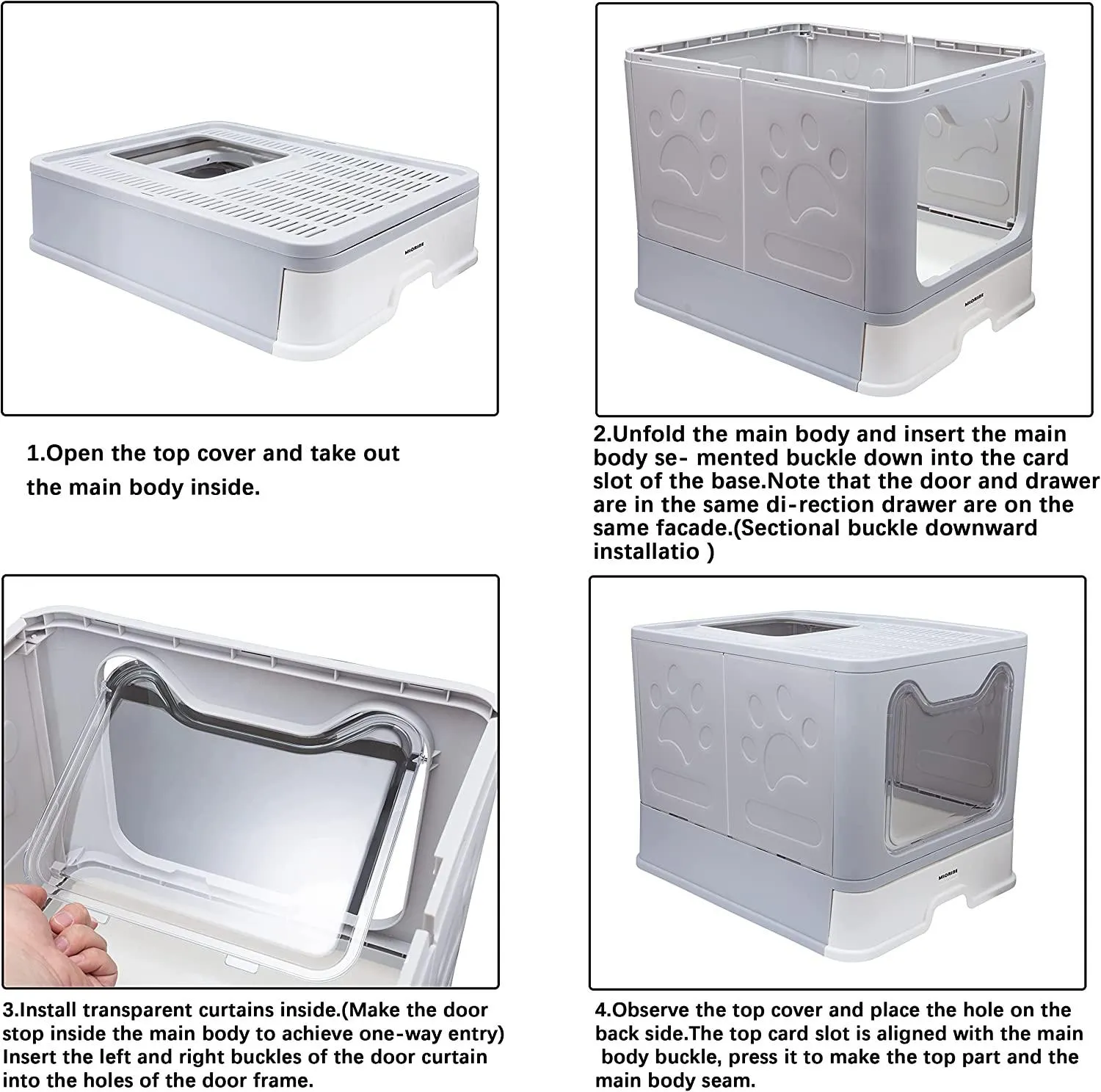 Cat Litter Box Large Pan - Foldable Top Exit Pet Boxes with Entry Lid, Plastic Cleaning Scoop,Cat Nail Clippers,Portable Cats Bowl (Grey)