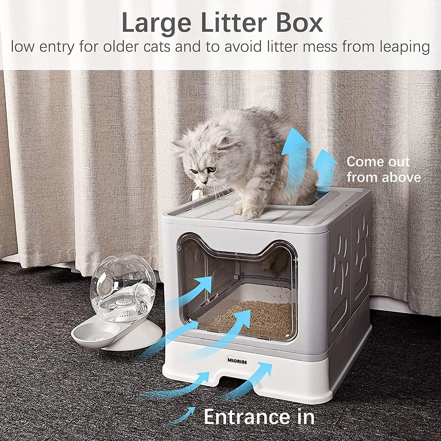 Cat Litter Box Large Pan - Foldable Top Exit Pet Boxes with Entry Lid, Plastic Cleaning Scoop,Cat Nail Clippers,Portable Cats Bowl (Grey)
