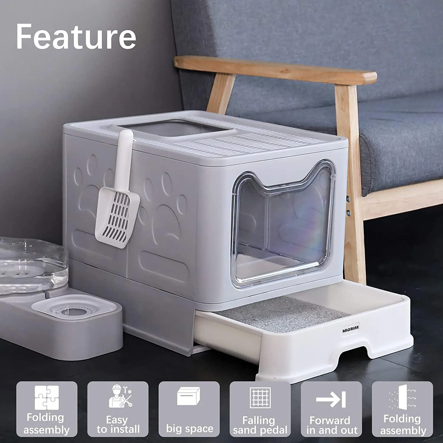 Cat Litter Box Large Pan - Foldable Top Exit Pet Boxes with Entry Lid, Plastic Cleaning Scoop,Cat Nail Clippers,Portable Cats Bowl (Grey)