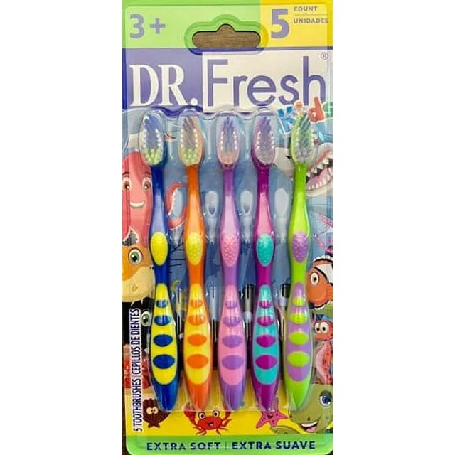Dr. Fresh Kids Toothbrushes, Ergonomic Non-Slip Handle, Extra Soft Bristles, Tongue Cleaner, 5 Count