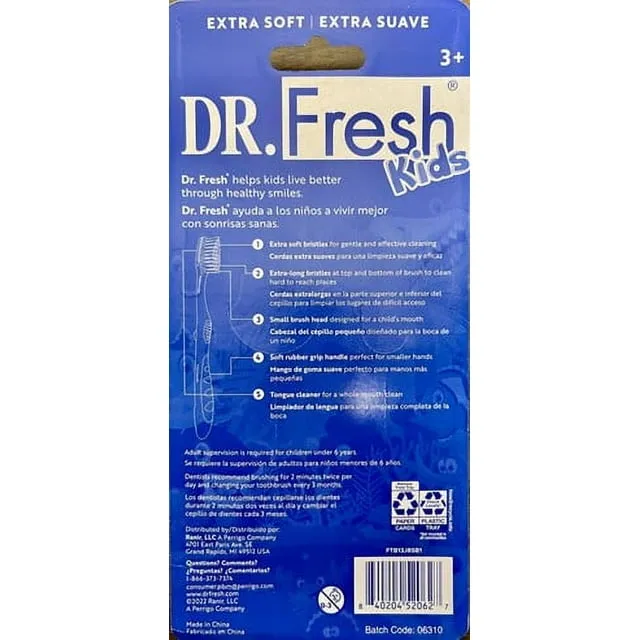 Dr. Fresh Kids Toothbrushes, Ergonomic Non-Slip Handle, Extra Soft Bristles, Tongue Cleaner, 5 Count