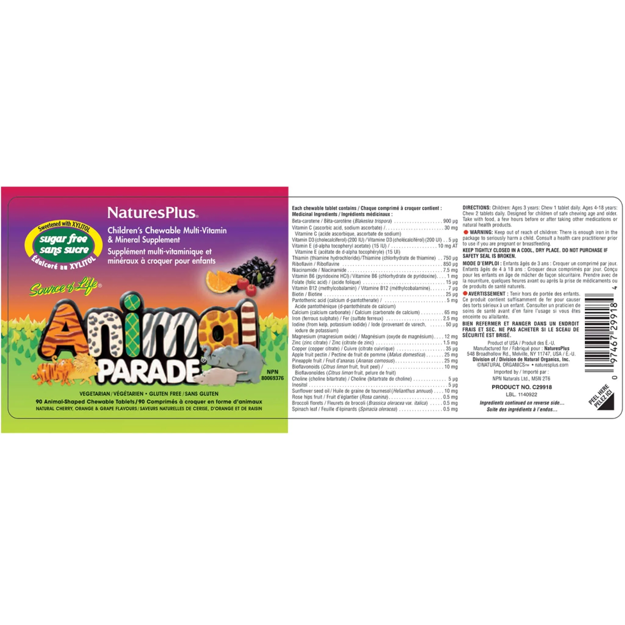 Nature's Plus Animal Parade Sugar-Free Multivitamin Chewables with Vitamin D3 & Whole Food Ingredients, 90 Chewable Tablets