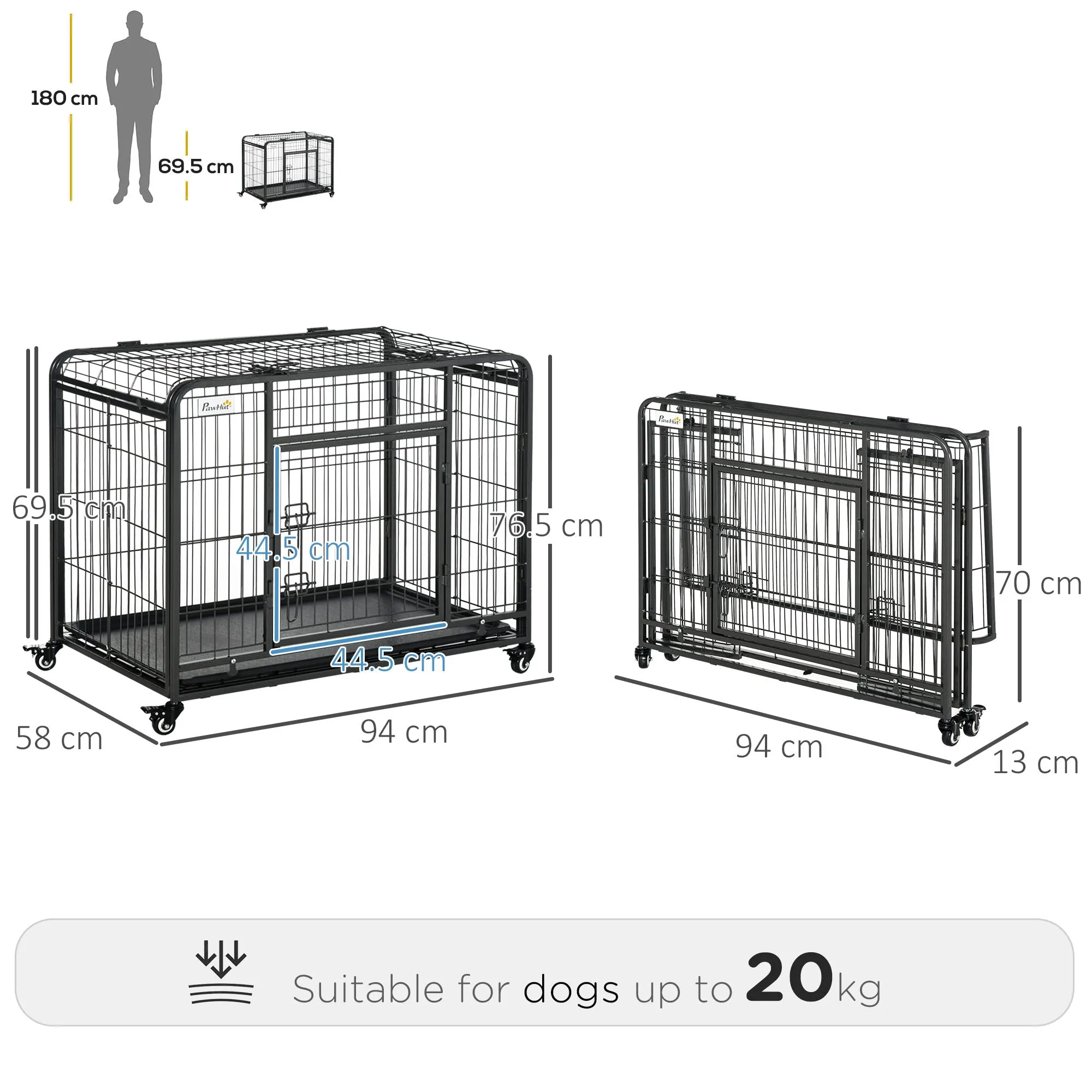 PawHut 69.5x94cm Metal Dog Cage Kennel w/ Locking Door & Wheels Medium Pets