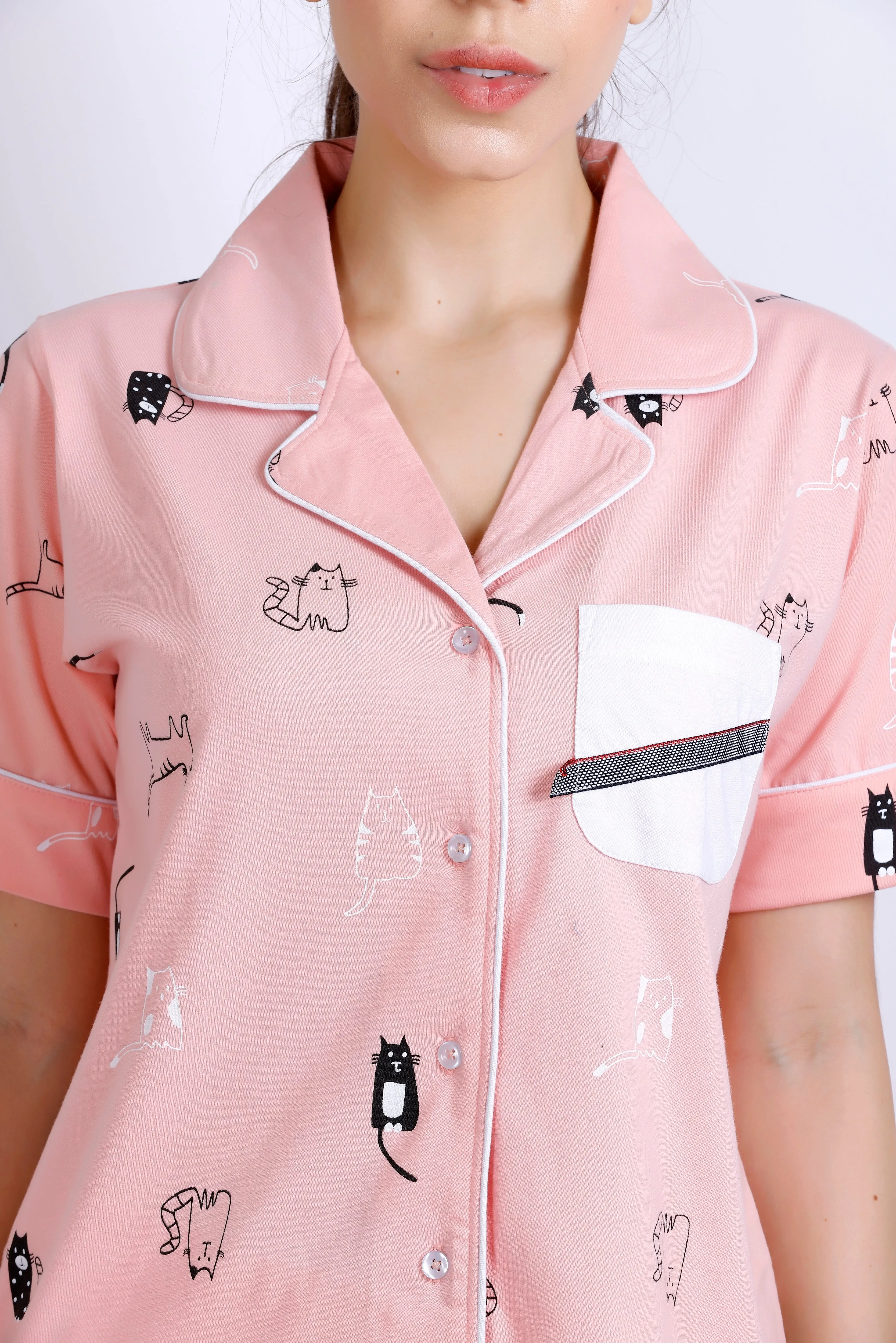 Peach color Cat Printed collar nightwear Half Sleeves MX_HS44