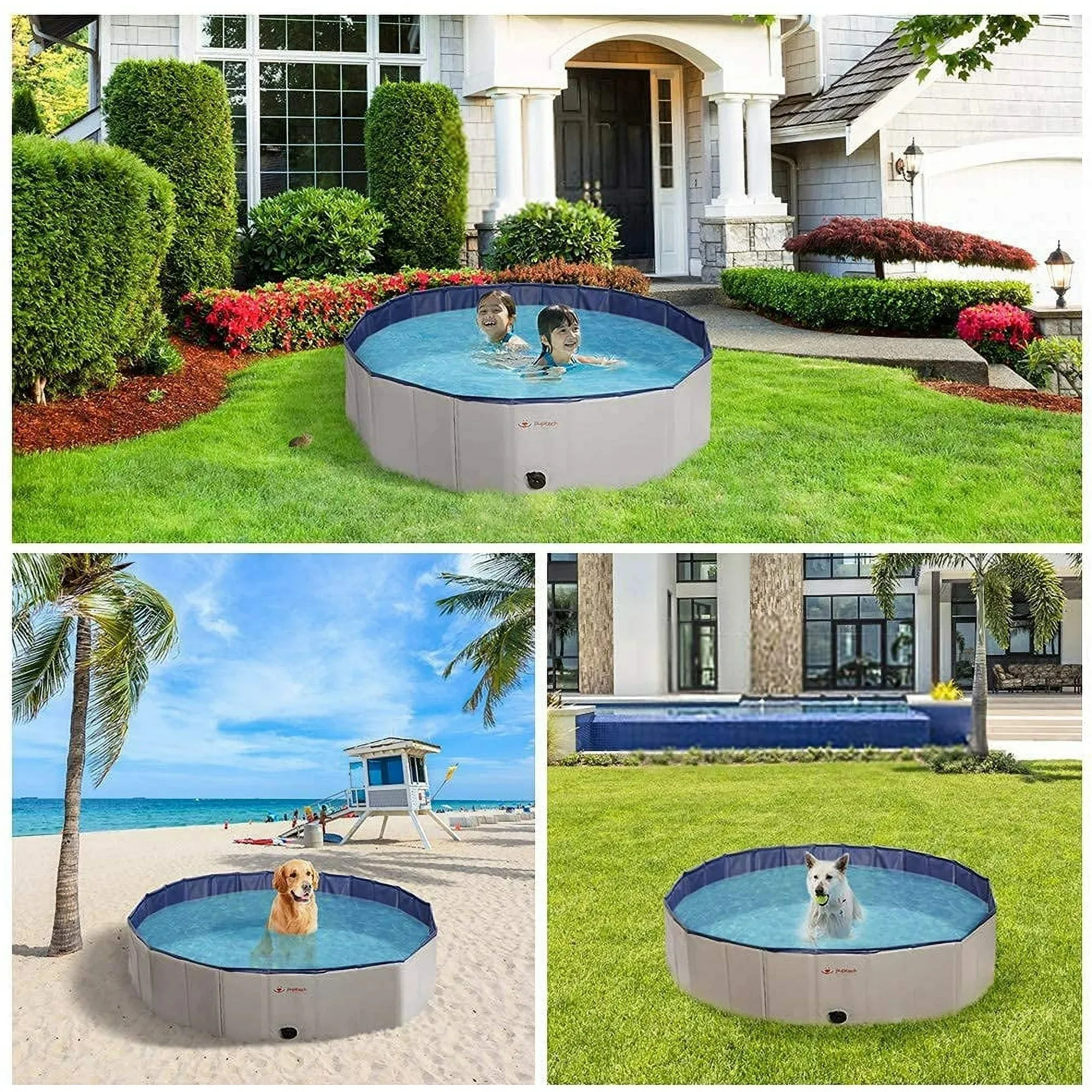PUPTECK Foldable Dog Swimming Pool - Portable Pet Bathing Tub Leakproof (Gray)