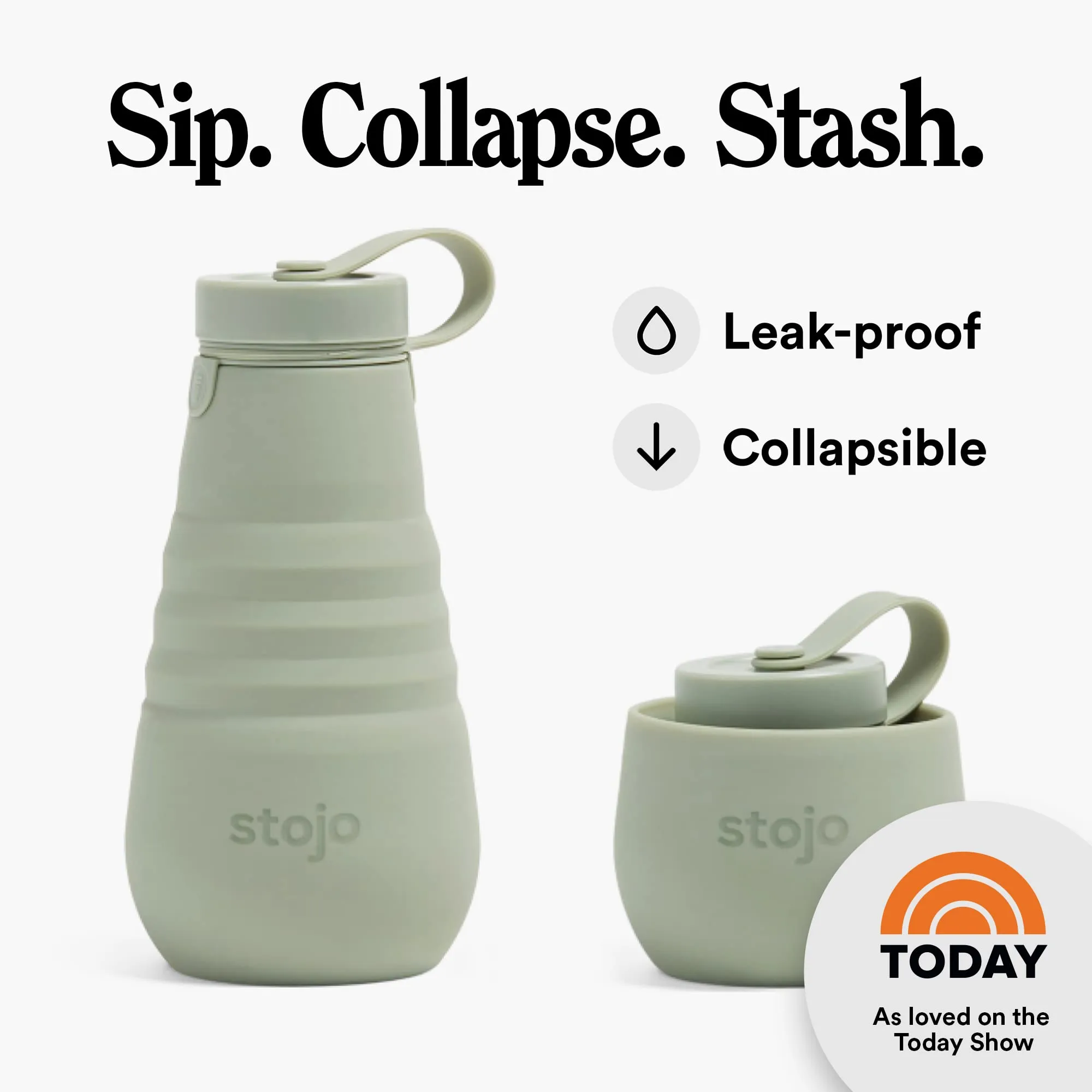 STOJO Collapsible Water Bottle - Sage Green, 20oz / 592ml - Leak-Proof