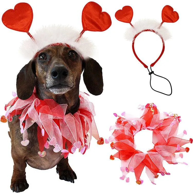 Valentine’s Day Pet Decoration Set – Heart Headband & Scarf for Pets
