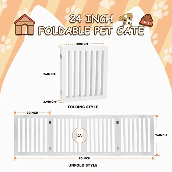 ZENY™ 24 Inch 4 Panels Pet Dog Gate, White Wooden Dog Door,Gate Foldable for House Doorway Stairs Indoor Wooden Fence